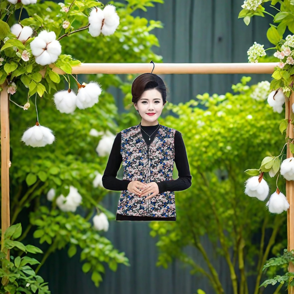 The new Spring and Autumn women's fashion floral cotton vest is worn over the vest with a zipper design. It is a short, warm and elastic milk silk waistcoat and comes with a beautiful scarf Application Scenario