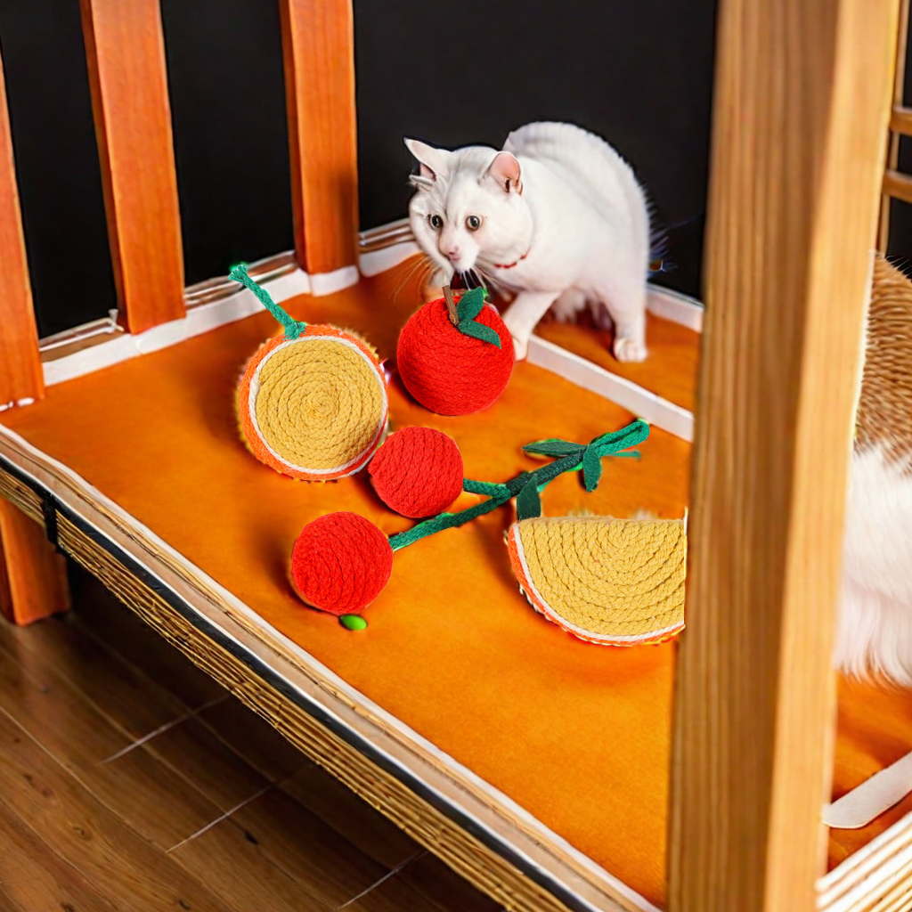 Cat high boredom bite resistant pet toy fruit twine ball wool fruit shape tease cat stick cat toy ball toy for cats details Picture