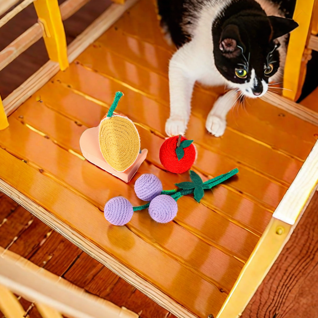 Cat high boredom bite resistant pet toy fruit twine ball wool fruit shape tease cat stick cat toy ball toy for cats Application Scenario