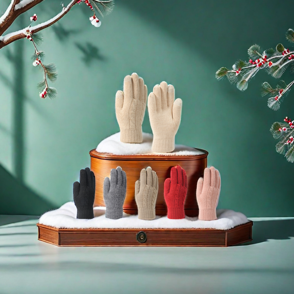 New cross-border winter women's knitted gloves, double-layer fleece thickened, warm and cold-proof, solid color fashionable touch screen gloves, adult warm gloves details Picture