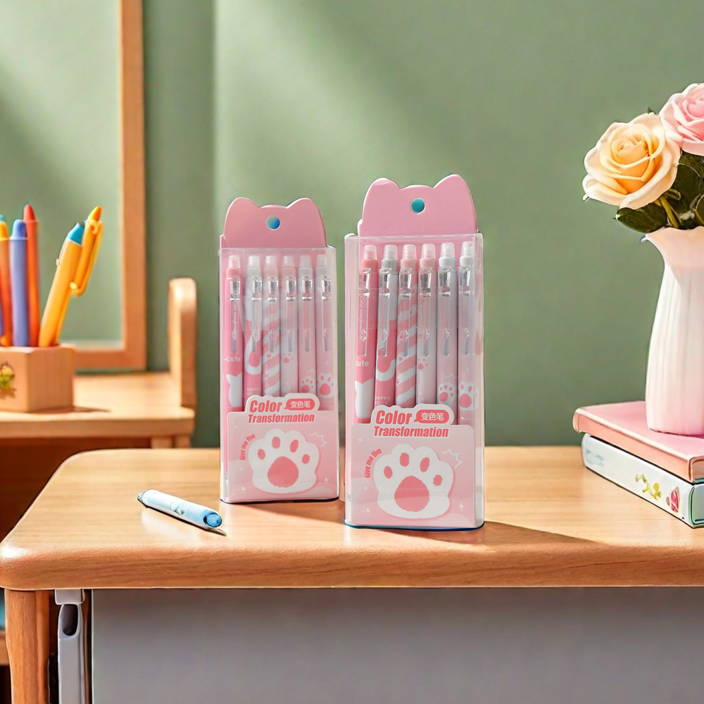 Chenxi Cat Paw Erasable Color-changing Pen 6-piece Set, Soft rubber case Planner Pen, Drawing Pen, Gel Pen, Colorful Creative Erasable Pen details Picture