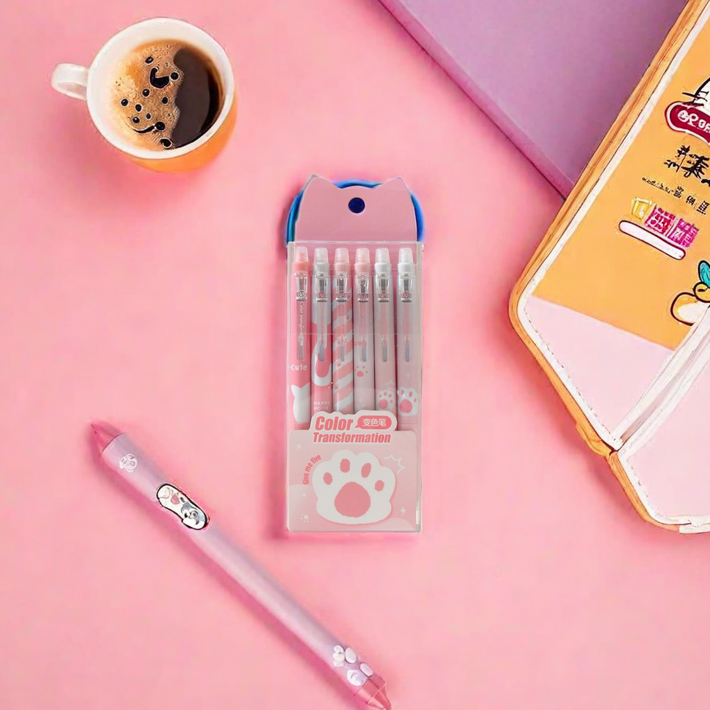 Chenxi Cat Paw Erasable Color-changing Pen 6-piece Set, Soft rubber case Planner Pen, Drawing Pen, Gel Pen, Colorful Creative Erasable Pen Item Picture