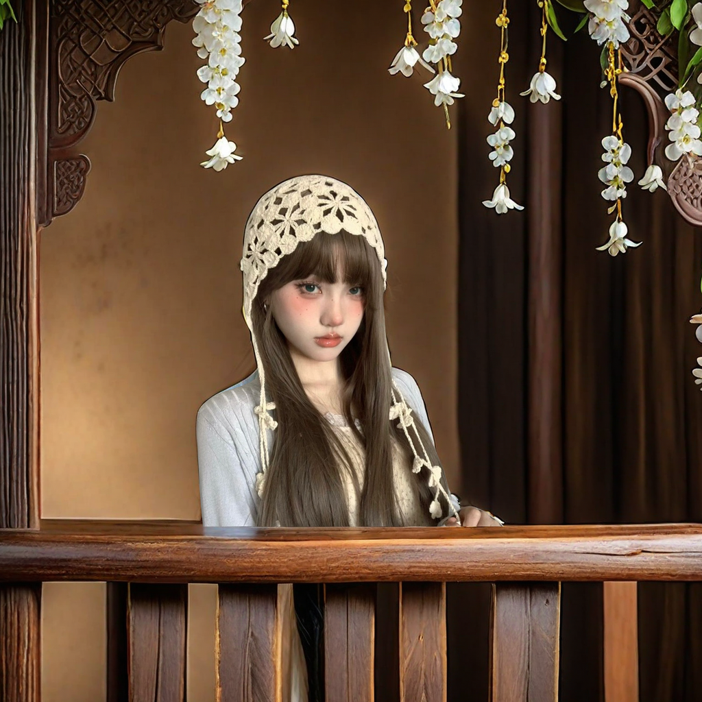 Bohemian-style hand-knitted flowered tassel headscarf with a hollowed-out hook flower design, a must-have and versatile adult hat for traveling in Yunnan with ethnic style