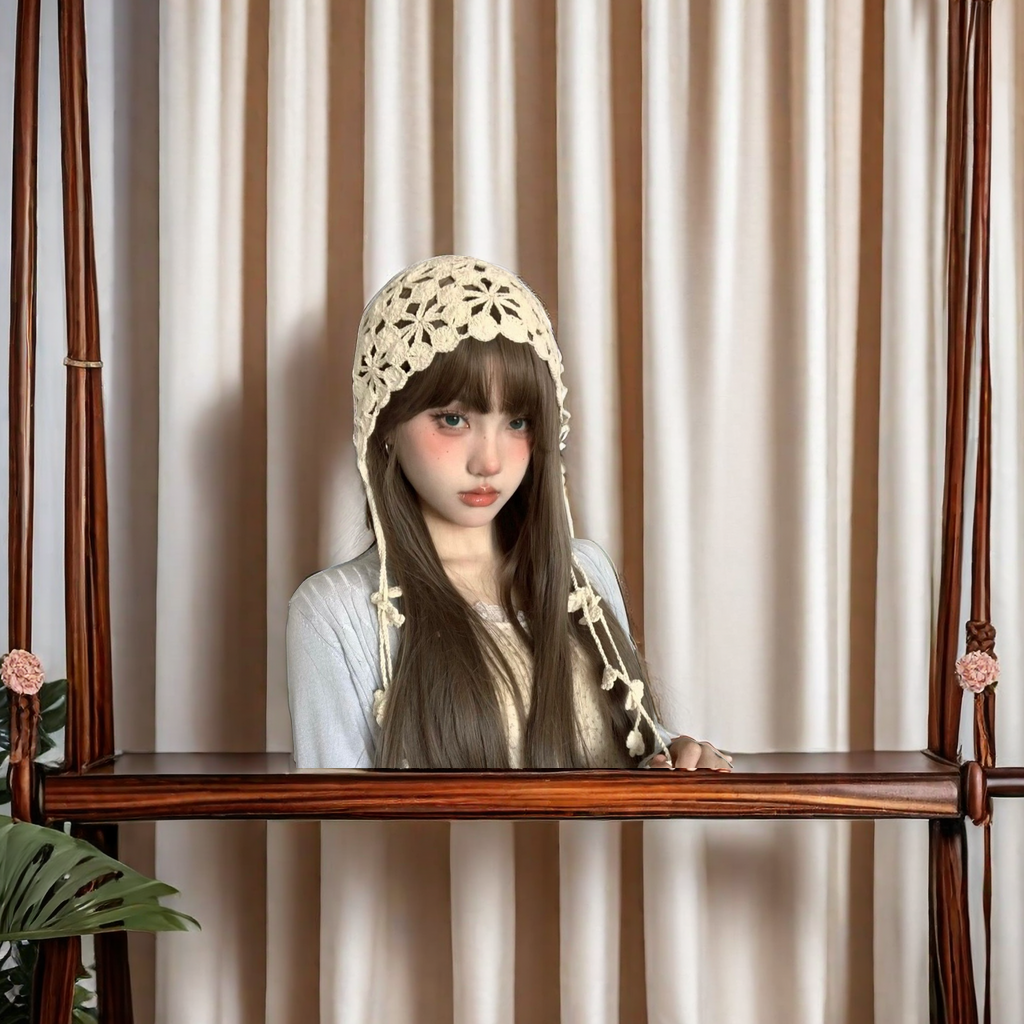 Bohemian-style hand-knitted flowered tassel headpiece hat with hollowed-out hook flower design, ethnic style, versatile hat for traveling in Yunnan, adult size