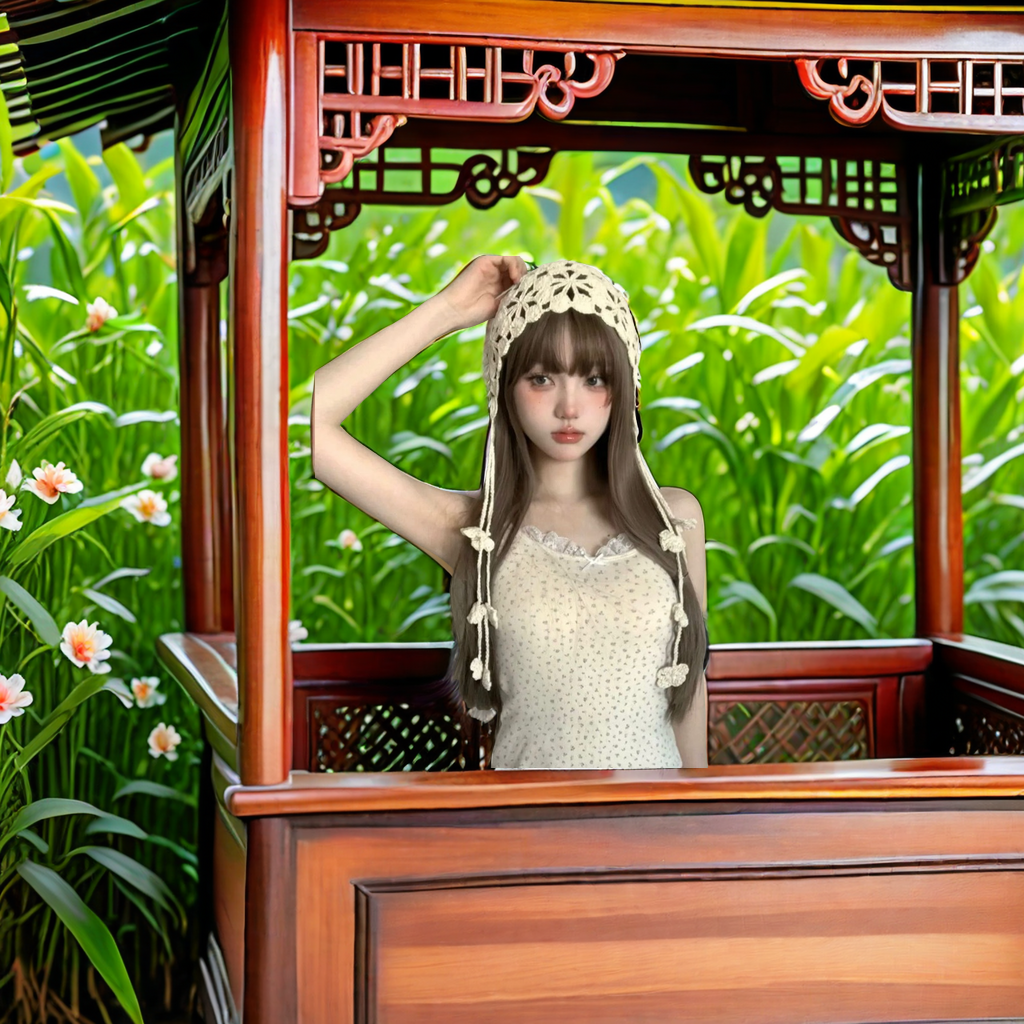 Bohemian-style hand-knitted flowered tassel headpiece hat with hollowed-out hook flower design, ethnic style, versatile hat for traveling in Yunnan, adult size details Picture