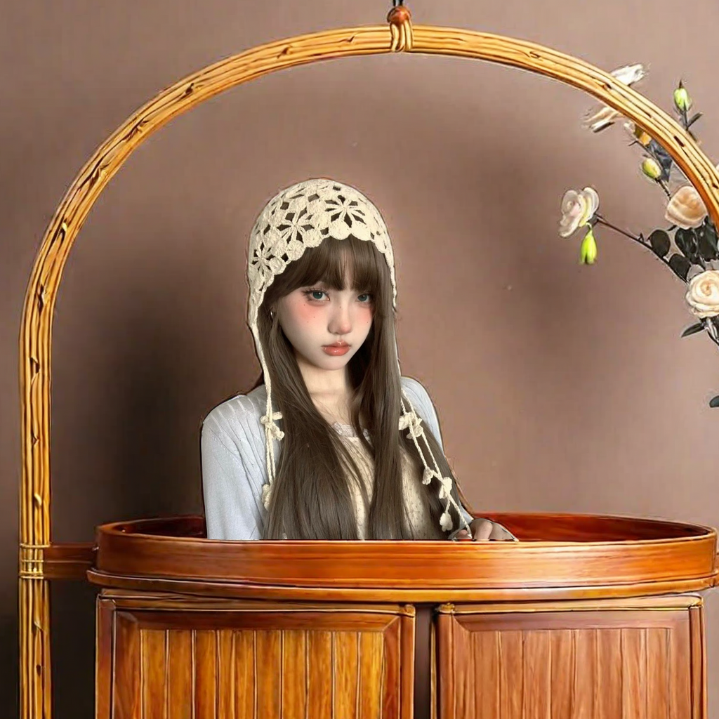 Bohemian-style hand-knitted flowered tassel headpiece hat with hollowed-out hook flower design, ethnic style, versatile hat for traveling in Yunnan, adult size