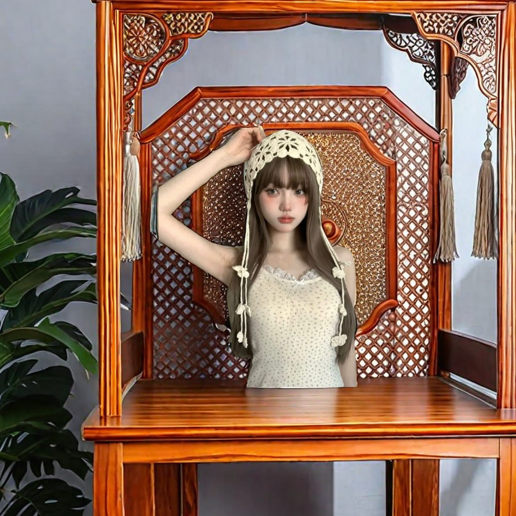 Bohemian-style hand-knitted flowered tassel headpiece hat with hollowed-out hook flower design, ethnic style, versatile hat for traveling in Yunnan, adult size details Picture