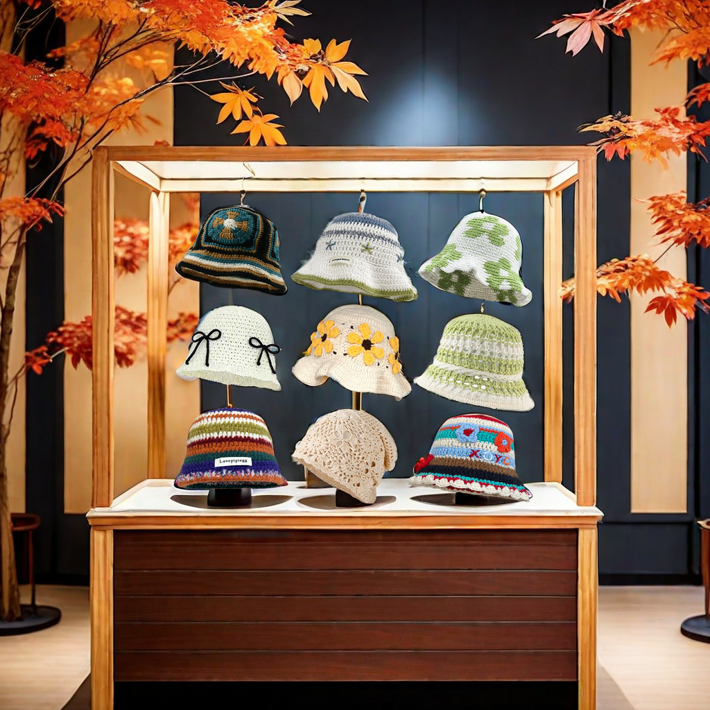 秋冬季复古花朵毛线帽 百搭手工编织镂空包头帽 民族风套头针织帽 头巾配件保暖时尚