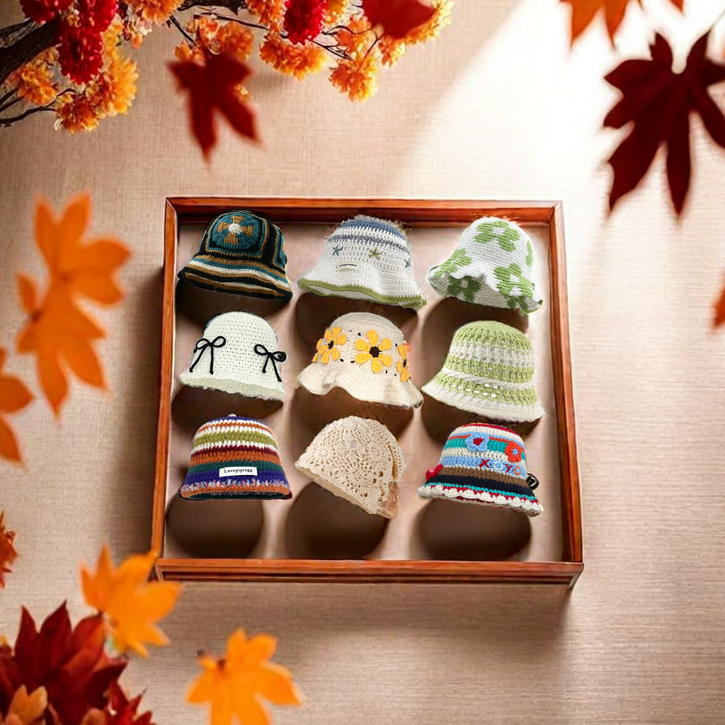 This is a versatile retro flower-patterned woolen knitted hat for autumn and winter. It features a hand-woven and hollowed-out design, as well as ethnic-style pullover hats, headscarves, and other accessories that are warm and fashionable