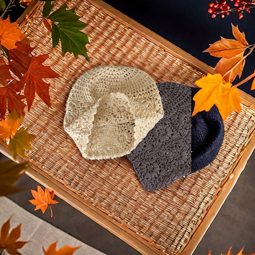 This is a versatile retro flower-patterned woolen knitted hat for autumn and winter. It features a hand-woven and hollowed-out design, as well as ethnic-style pullover hats, headscarves, and other accessories that are warm and fashionable Application Scenario