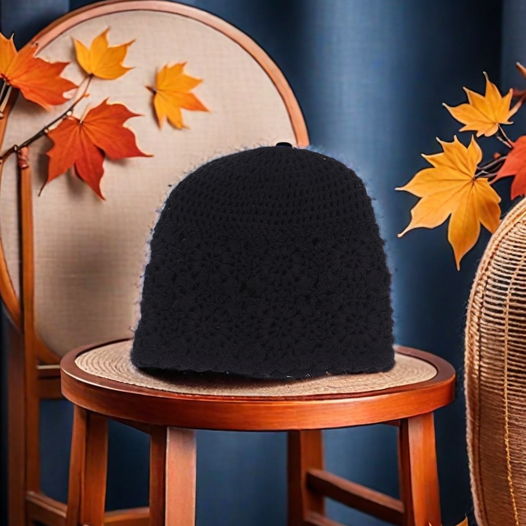 This is a versatile retro flower-patterned woolen knitted hat for autumn and winter. It features a hand-woven and hollowed-out design, as well as ethnic-style pullover hats, headscarves, and other accessories that are warm and fashionable Item Picture