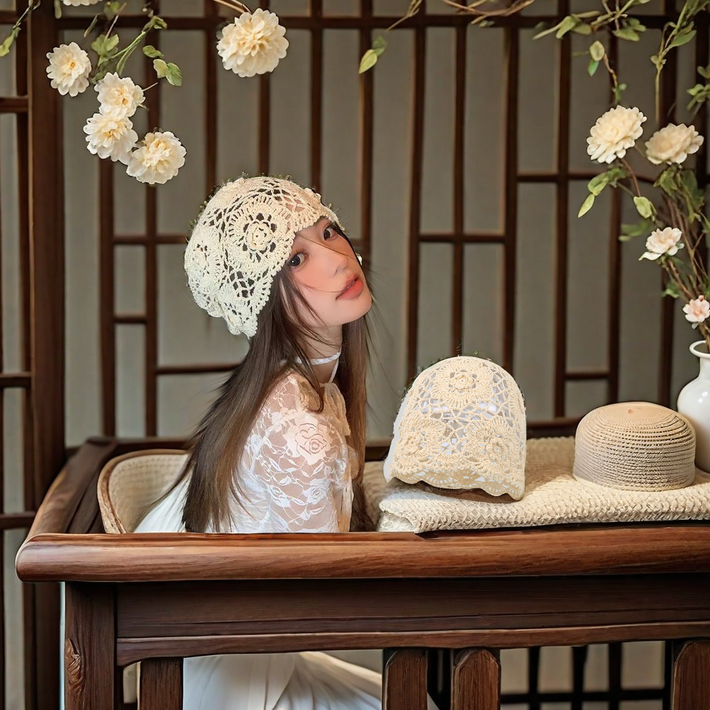 Japanese-style niche design, Bohemian ethnic style, hand-stitched and hollowed-out flower knitted cap, adult women's headpiece cap, fashionable and trendy warm cap