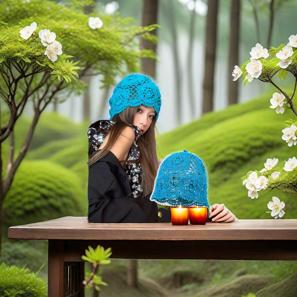 Japanese-style niche design, Bohemian ethnic style, hand-stitched and hollowed-out flower knitted cap, adult women's headpiece cap, fashionable and trendy warm cap details Picture