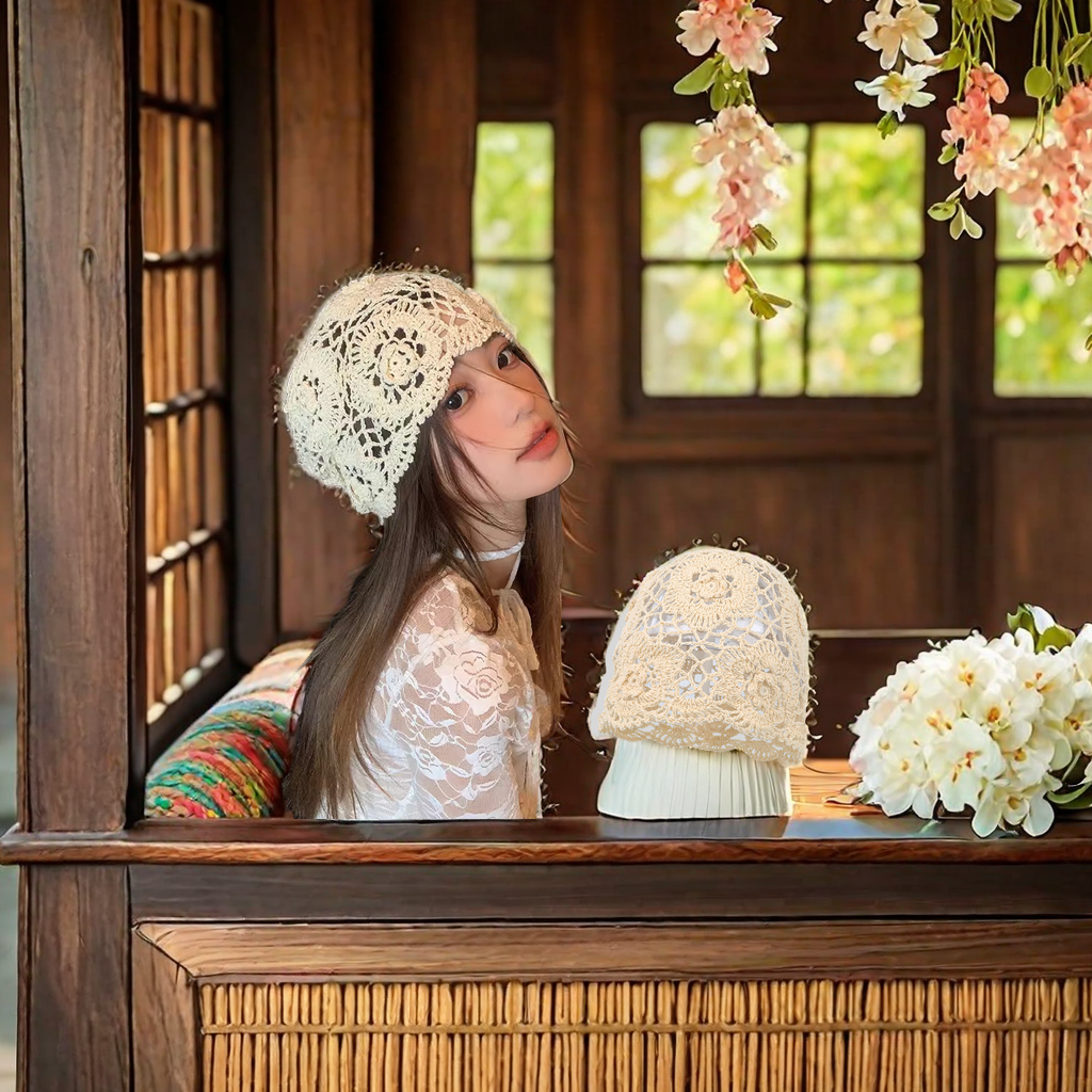 Japanese-style niche design, Bohemian ethnic style, handcrafted crochet knitted hat, women's hollowed-out flower headscarf, adult hat, fashionable and trendy warm headwear
