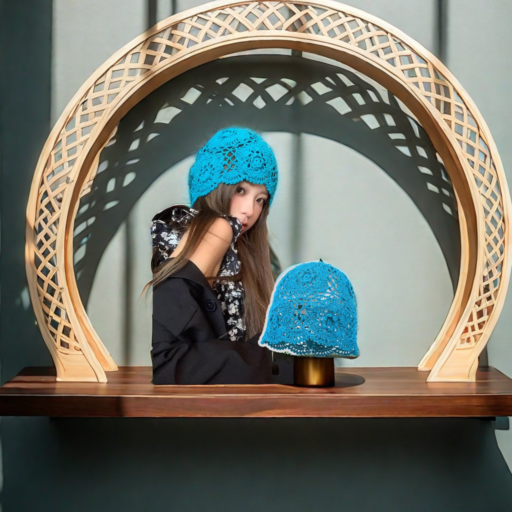 Japanese-style niche design, Bohemian ethnic style, handcrafted crochet knitted hat, women's hollowed-out flower headscarf, adult hat, fashionable and trendy warm headwear details Picture