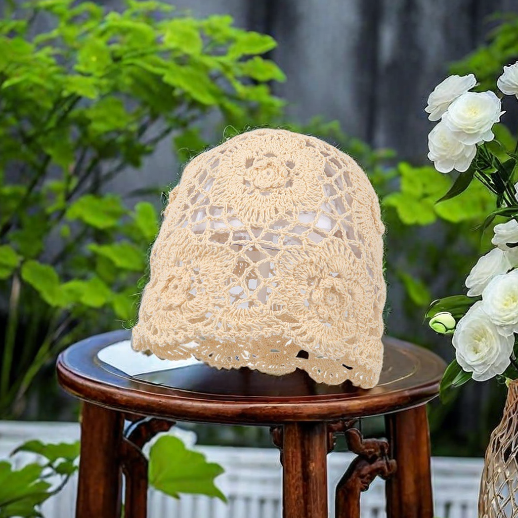 Japanese-style niche design, Bohemian ethnic style, handcrafted crochet knitted hat, women's hollowed-out flower headscarf, adult hat, fashionable and trendy warm headwear Specification image