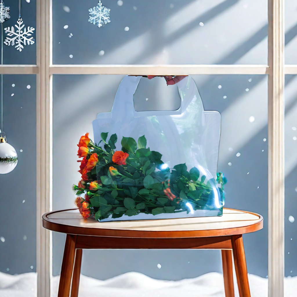 Medium-sized flower hand-held flower bag with transparent and simple design, Christmas gift, gift carrying bag, bouquet, floral art packaging bag, flower packaging, artistic taste Application Scenario