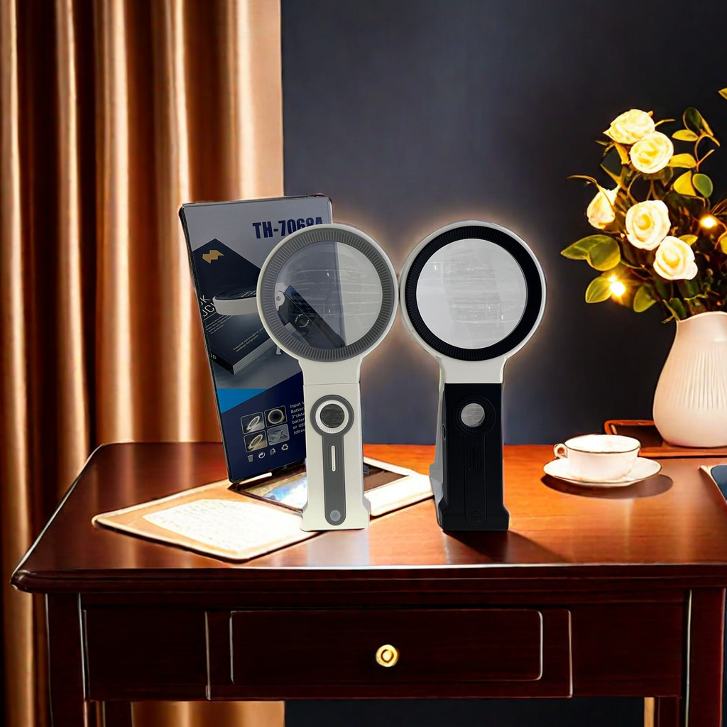 The new 7068A handheld stand type high-definition high-magnification 32-LED lamp magnifying glass with light, gift magnifying glass and razor all-in-one machine is a portable men's hairdressing tool details Picture