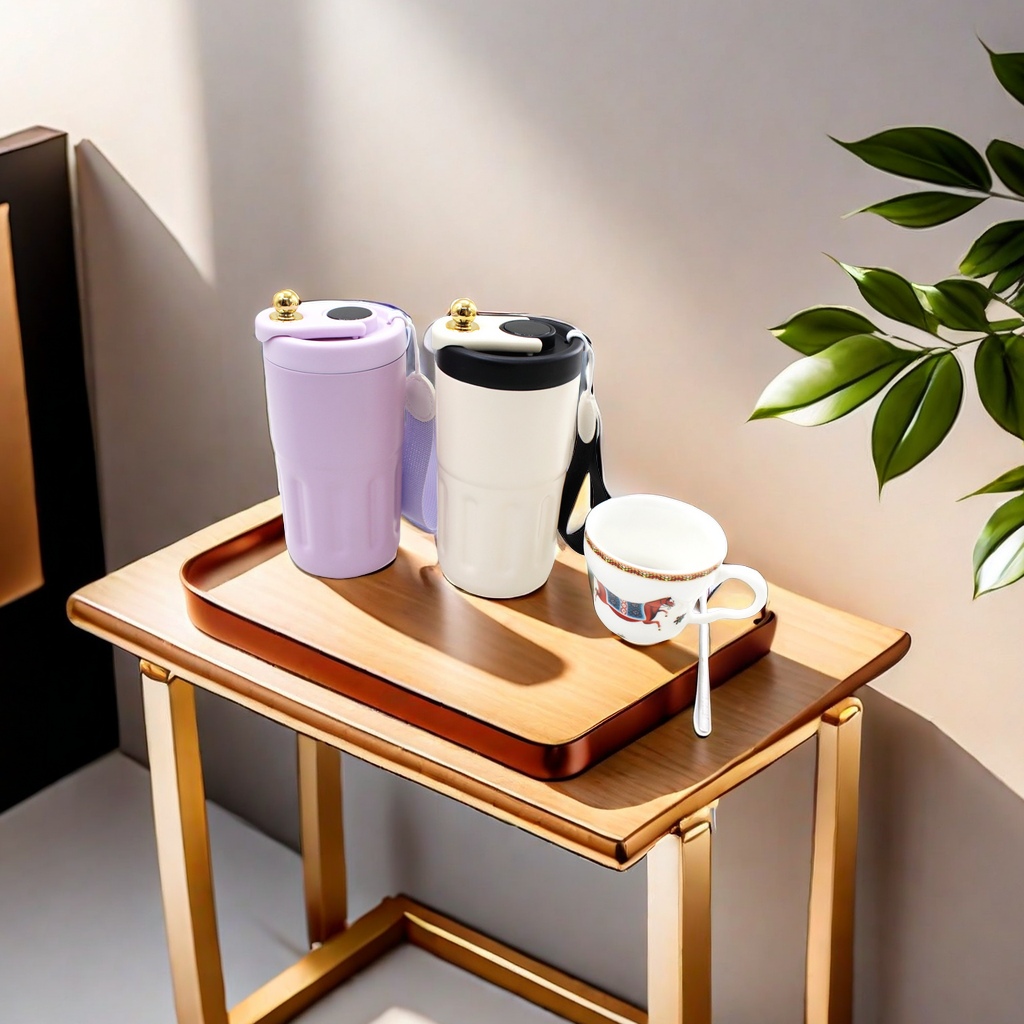 304 Double-layer stainless steel coffee cup, gradient matte paint, glossy paint, Wen Wen model, with handle design, portable thermos cup details Picture