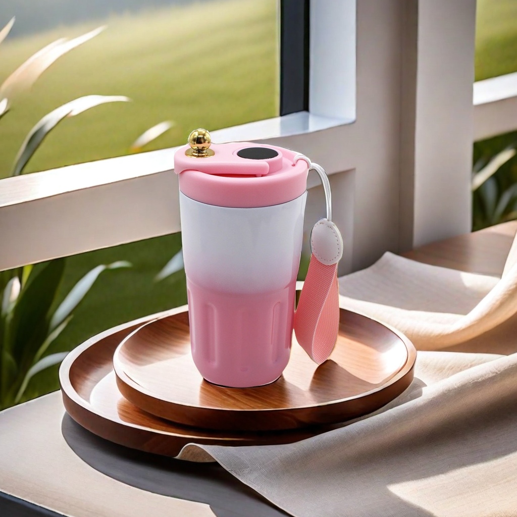 304 Double-layer stainless steel coffee cup, gradient matte paint, glossy paint, Wen Wen model, with handle design, portable thermos cup Item Picture