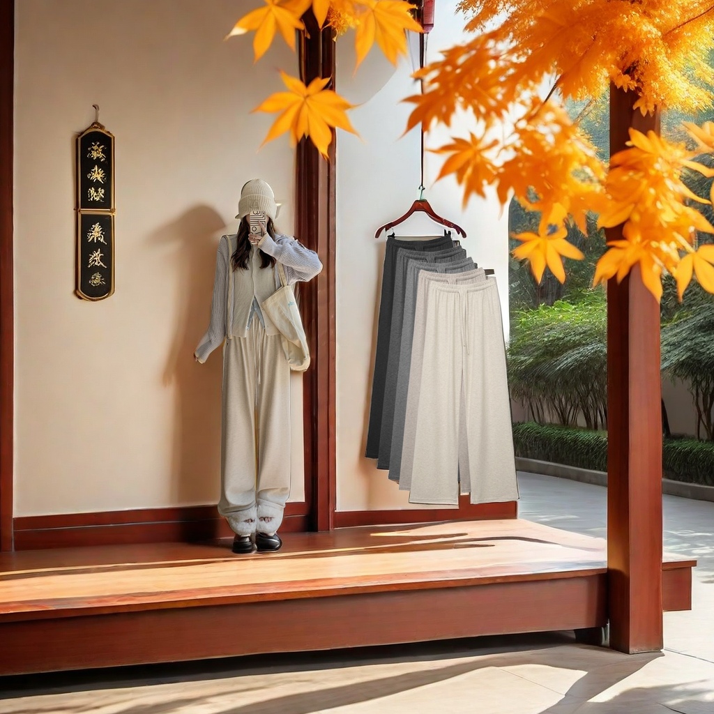 The new autumn glutinous rice pants have a slimming drape. The straight-leg wide-leg pants are casual and slimming. The long pants are loose and can be worn over. The casual pants are fashionable and comfortable in style details Picture