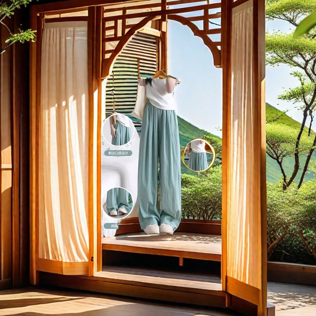 2024 New Spring and autumn ice silk apricot wide-leg pants, Yamamoto high-waisted, drape, petite Japanese laid-back style women's summer casual pants Specification image