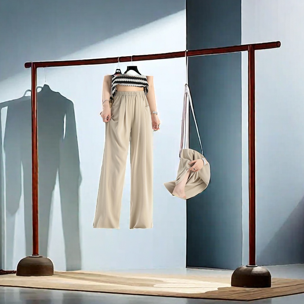 The ice silk pants for women have a laid-back summer style with wide-leg design and a strong sense of drape. The long pants are relaxed and casual, with a solid color thin casual pants for women details Picture