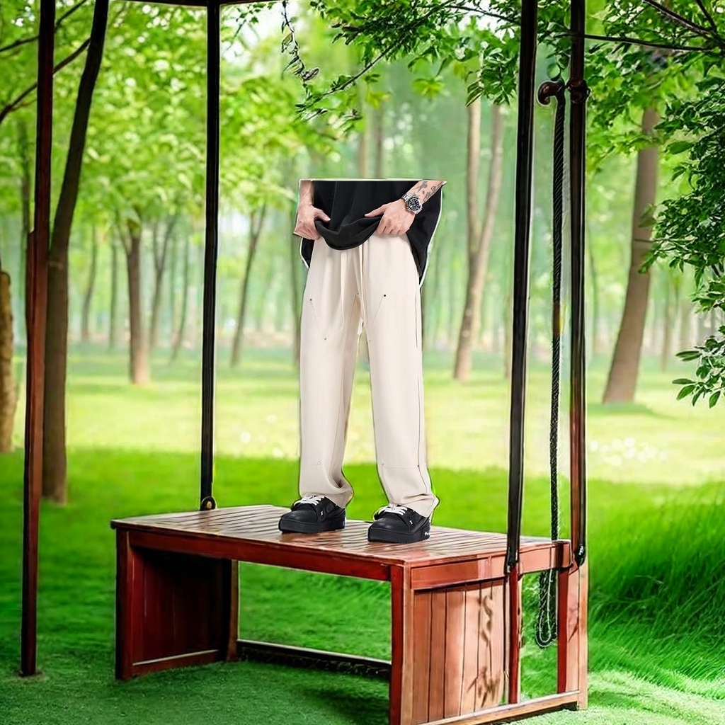 夏季男士休闲裤 冰丝面料长裤 薄款透气高级感 垂感大码阔腿直筒 宽松伐木裤子潮流款