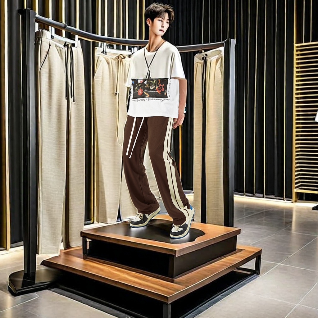 2024新款潮牌男裤 条纹直筒休闲裤 拼接拼色侧边抽绳 宽松阔腿裤 潮流运动裤 高品质男士时尚潮流裤装