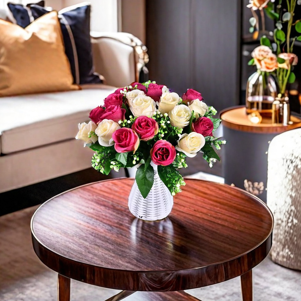 客厅餐桌茶几装饰品 仿真玫瑰塑料假花束 工艺品摆设 绢花花艺 盆栽干花束摆件