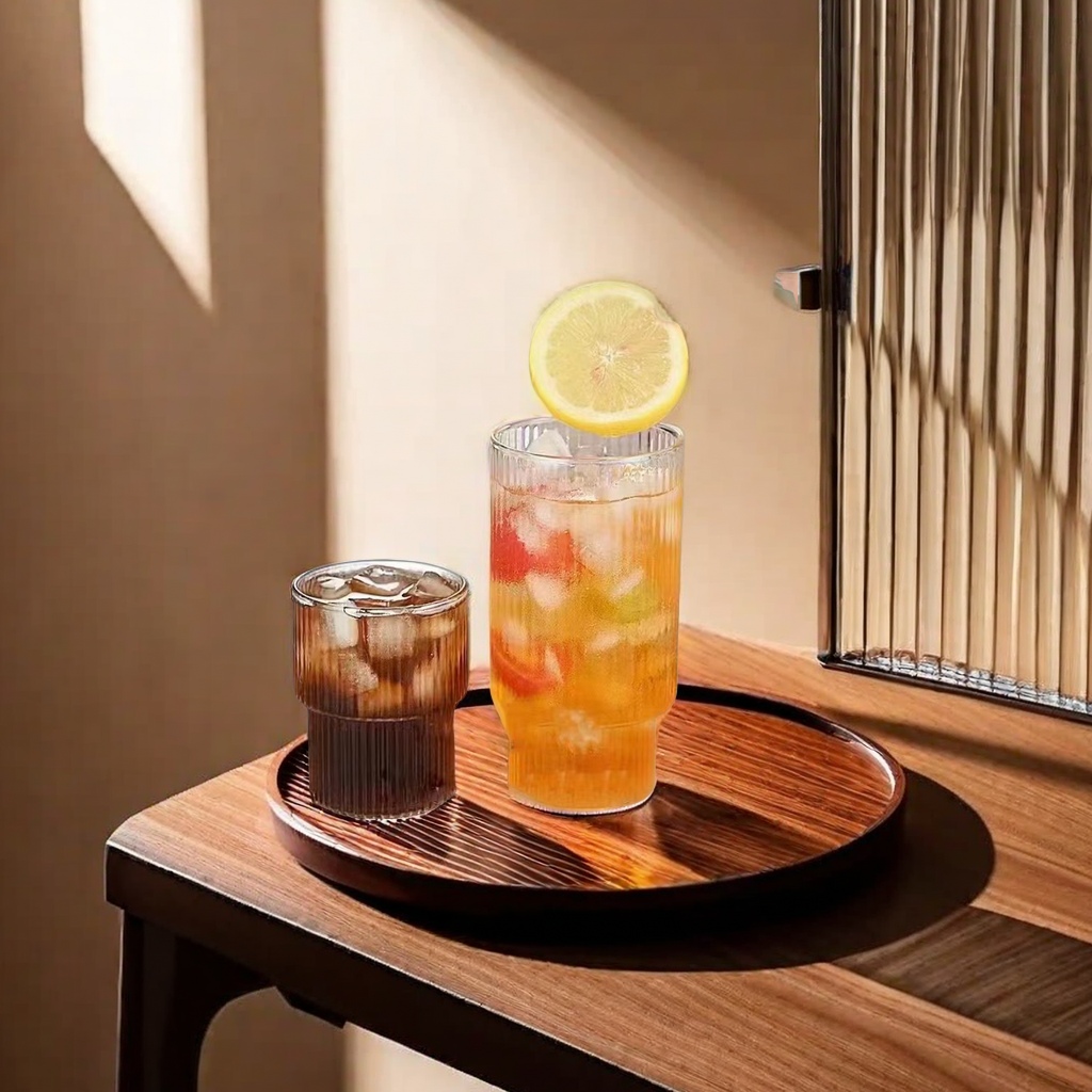 ins风格简约竖纹透明玻璃杯 中节耐高温条纹设计 适用茶杯咖啡杯果汁杯 精美礼物杯子