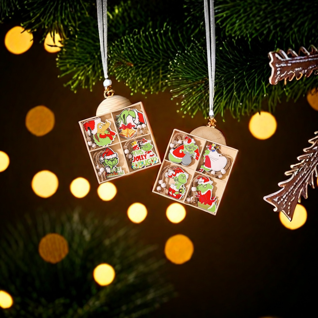 跨境新品圣诞节木质格林奇12pcs挂件 创意小礼品圣诞树吊饰 餐巾纸装饰品 圣诞节氛围布置