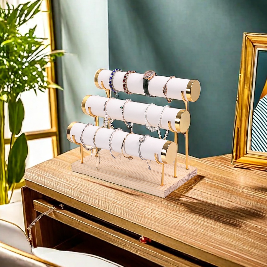 Golden three-layer creative jewelry rack, wooden bracelet rack, bracelet display rack, bracelet display rack, watch storage rack, fashionable and practical, other types of jewelry organization rack