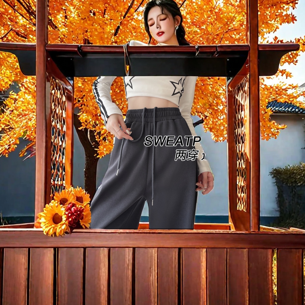 2024秋冬新款美式运动裤女 高腰直筒休闲裤子 小个子阔腿束脚卫裤 女士休闲裤潮流时尚