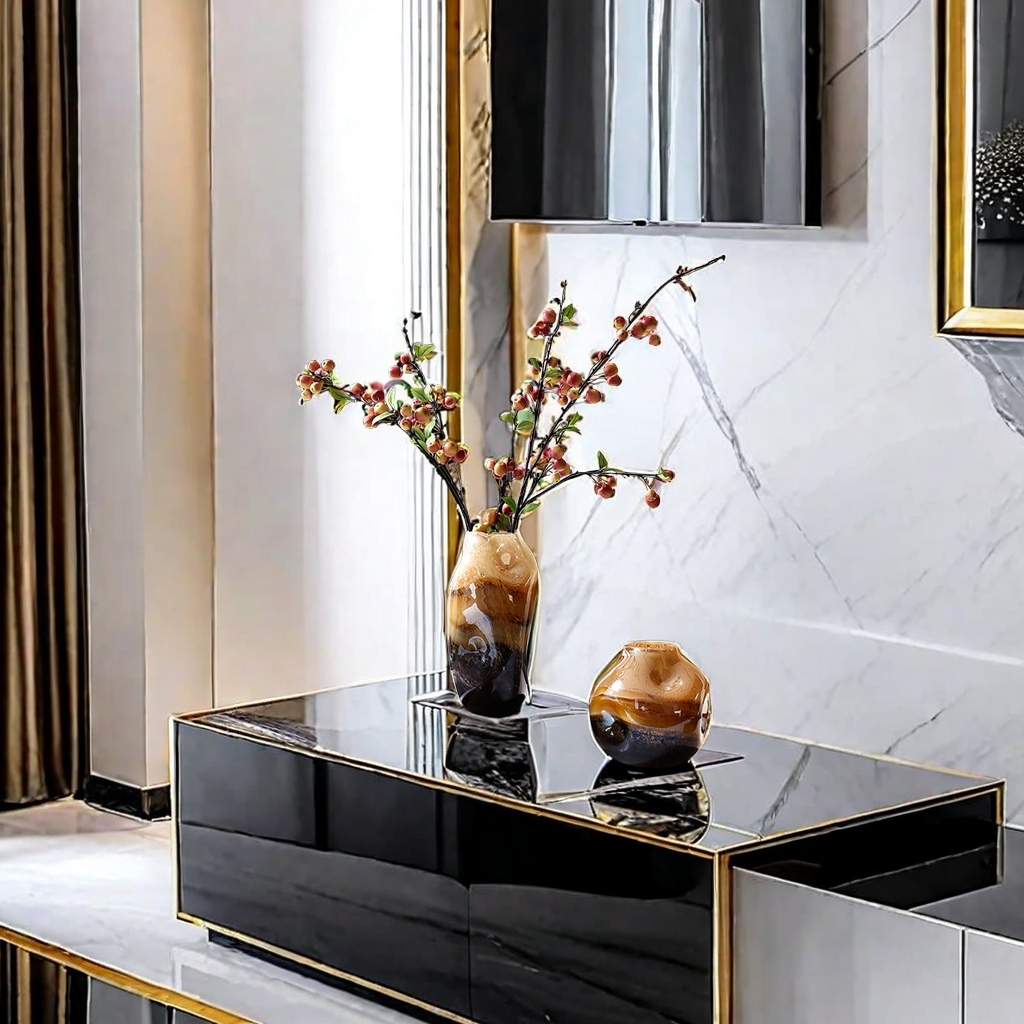 Modern, simple, light luxury, creative black, white and gold glass vase, living room entrance table, flower arrangement, glass cup, model room decoration Specification image