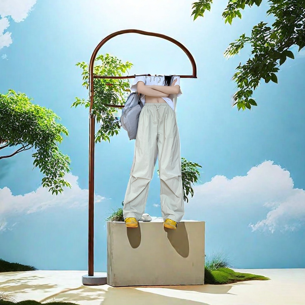 2024夏季新款美式降落伞设计黑色宽松慵懒风格小个子直筒休闲裤女款 速干工装裤潮流时尚