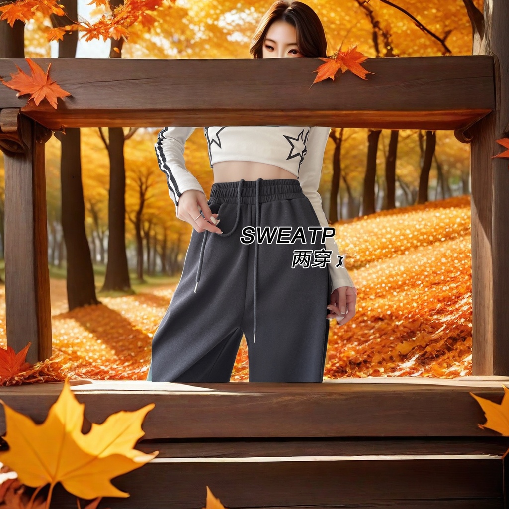 2024秋冬新款美式运动裤女 高腰直筒休闲裤子 小个子束脚卫裤 阔腿裤 舒适保暖休闲裤女款