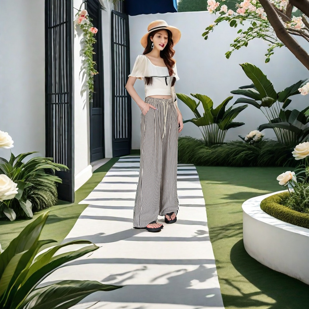 The new summer 2024 women's casual pants feature a black and white vertical stripe design, loose wide-leg pants, and French long pants with a strong drape, setting a new trend in casual fashion details Picture