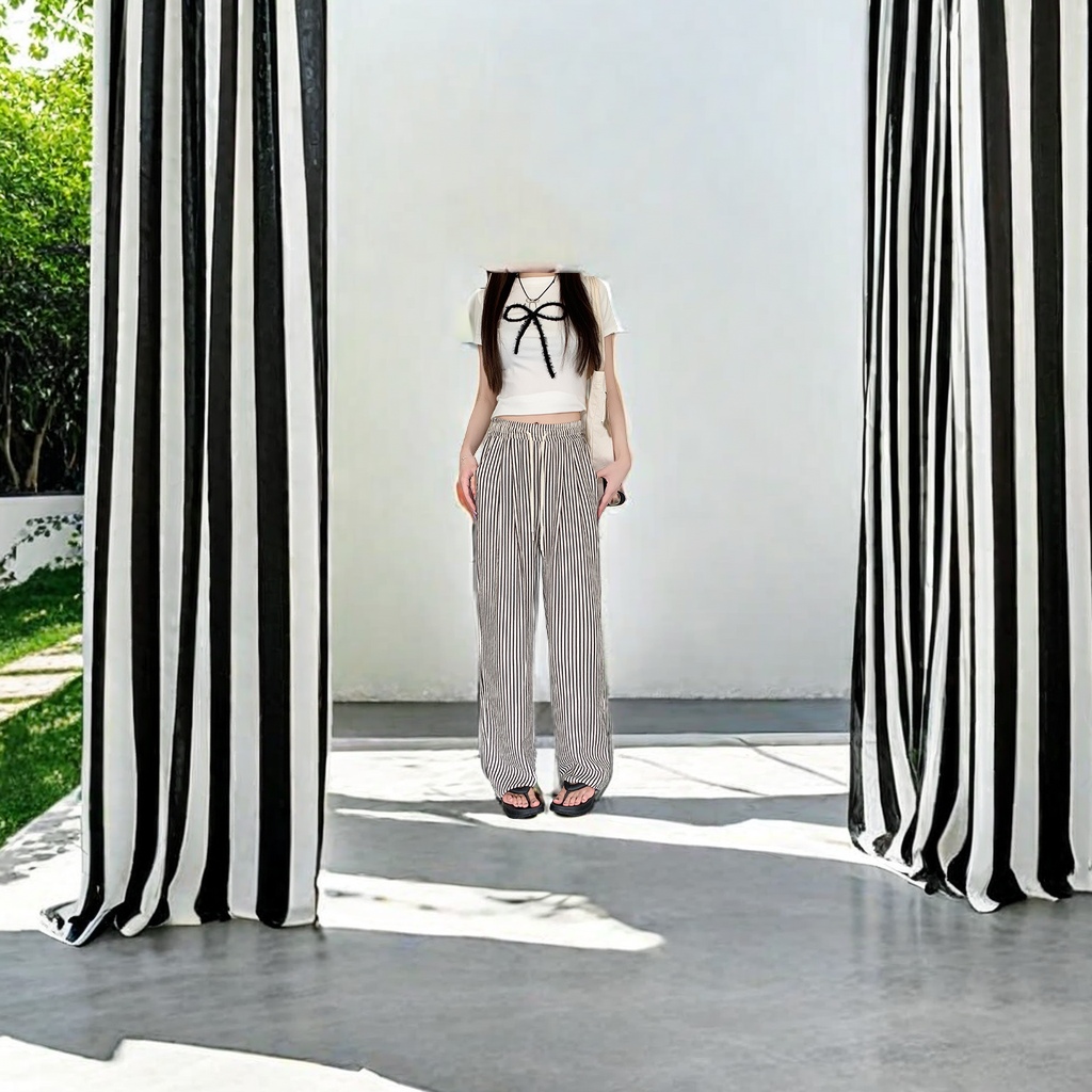 The new summer 2024 women's casual pants feature a black and white vertical stripe design, loose wide-leg pants, and French long pants with a strong drape, setting a new trend in casual fashion Application Scenario