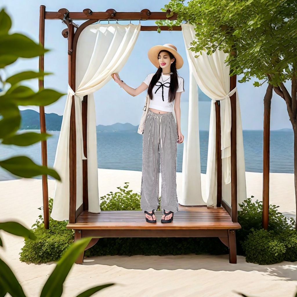 The new summer 2024 women's casual pants feature a black and white vertical stripe design, loose wide-leg pants, and French long pants with a strong drape, setting a new trend in casual fashion Item Picture