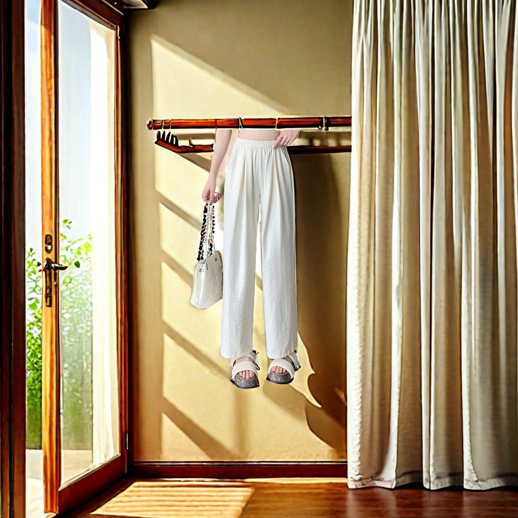 The new Spring/Summer 2024 women's casual pants feature a pleated texture, high waist with a good drape, loose straight-leg wide-leg pants, and an elastic waist design. They are thin, breathable and comfortable