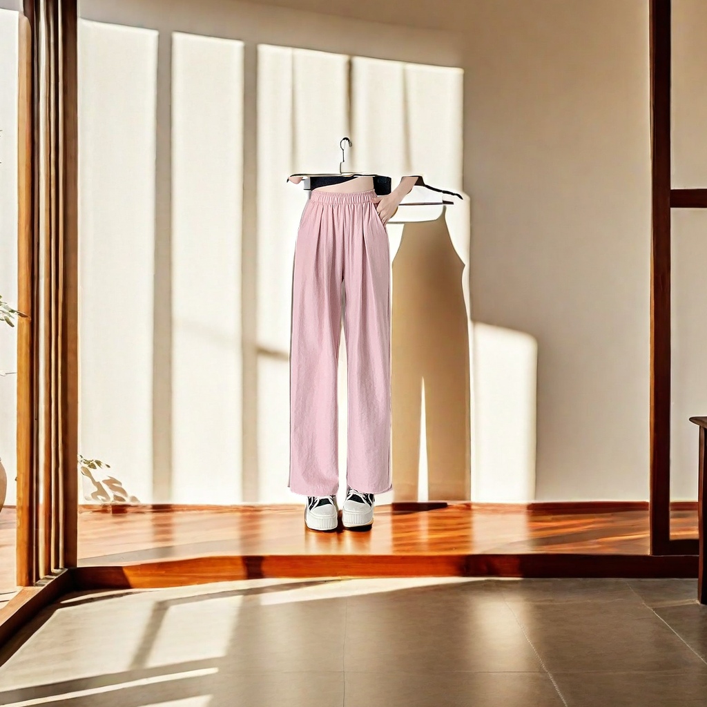 The new Spring/Summer 2024 women's casual pants feature a pleated texture, high waist with a good drape, loose straight-leg wide-leg pants, and an elastic waist design. They are thin, breathable and comfortable details Picture