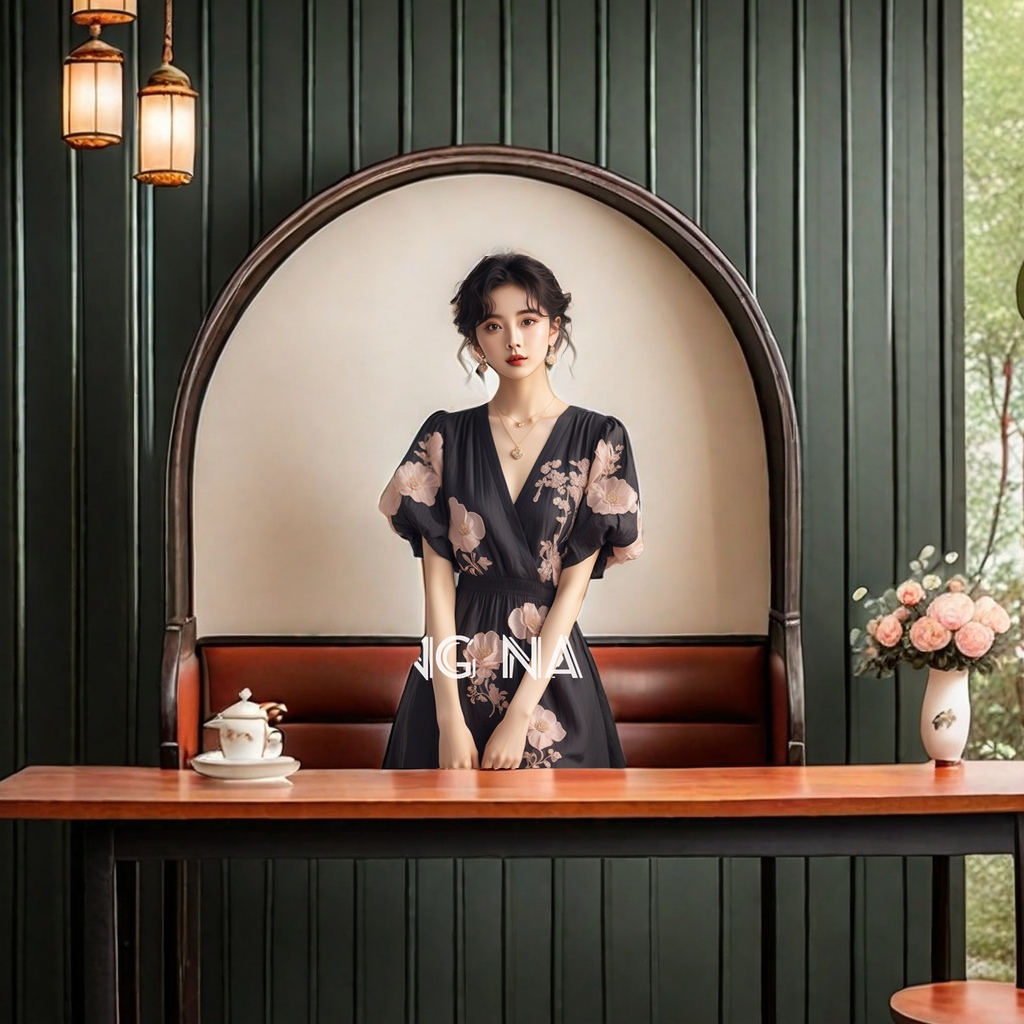 2024新款高级感气质黑色V领收腰印花泡泡袖连衣裙 风情万种7496款女士优雅连衣裙