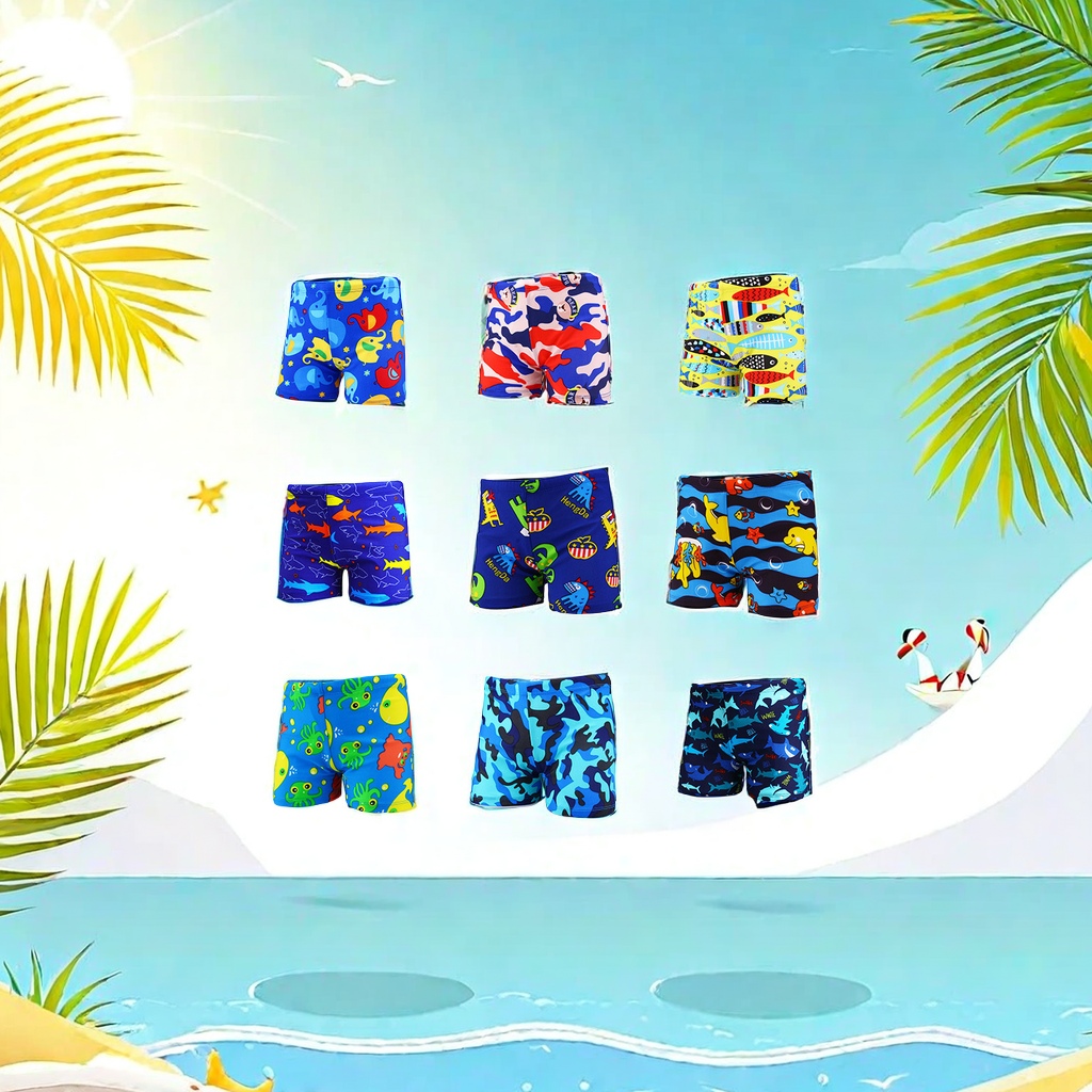 Cartoon children's swimming trunks, boys' flat-angle baby swimming trunks, oversized children's hot spring swimming suits with swimming caps, specially approved styles, cute children's swimming suits details Picture