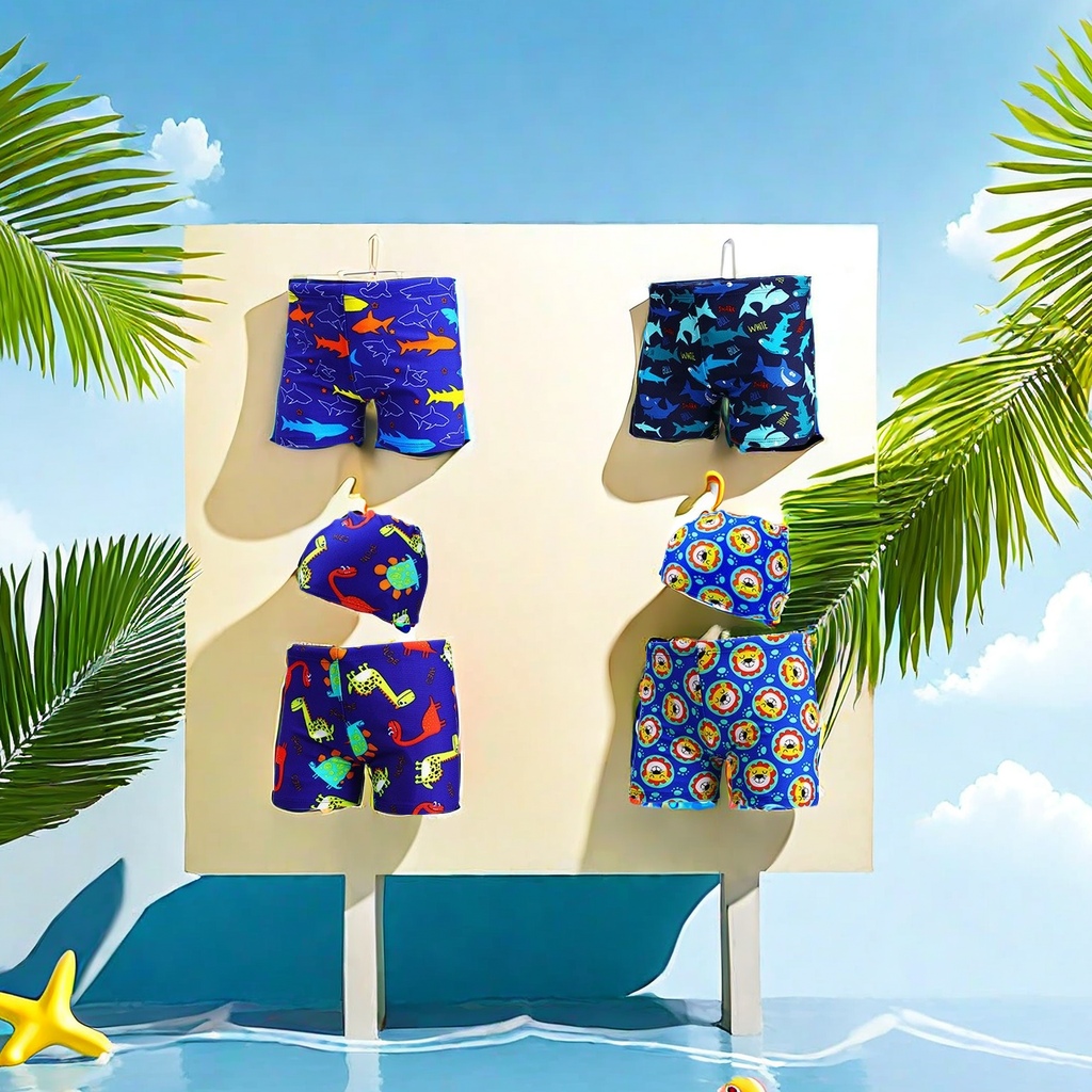 Cartoon children's swimming trunks, boys' flat-angle baby swimming trunks, oversized children's hot spring swimming suits with swimming caps, specially approved styles, cute children's swimming suits Item Picture