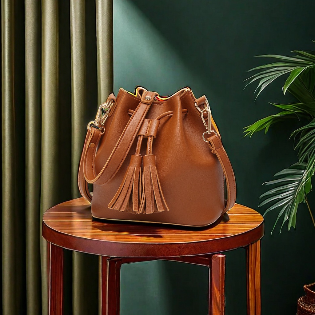 New cross-border fashion bucket bag for women, PU single-shoulder crossbody handbag, tassel drawstring design, trendy street bags, other categories details Picture