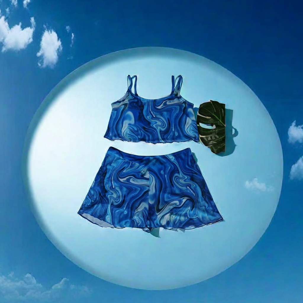 欧美新款性感吊带短裤轻纱套装印花分体比基尼 时尚海边度假分体泳衣展现魅力