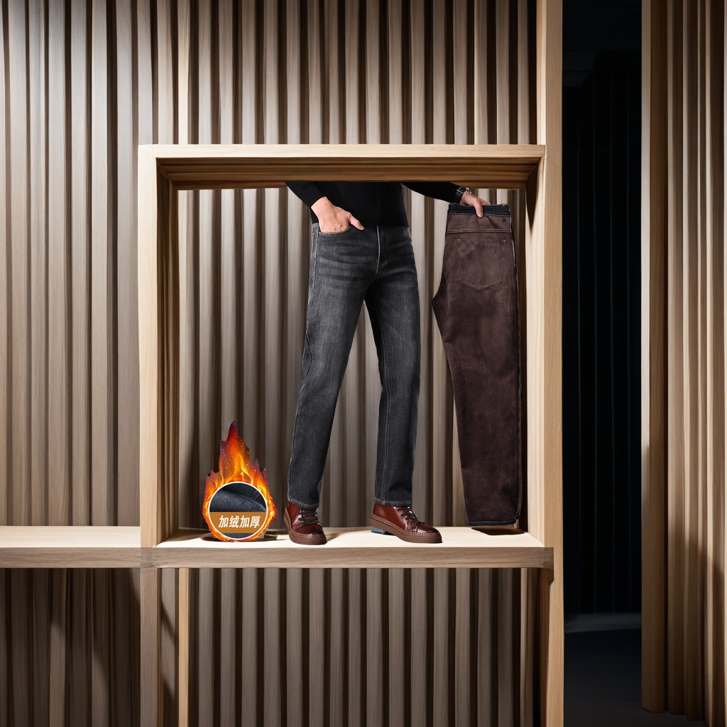 商务休闲款真超绒弹力男牛仔裤 高端加绒加厚秋冬宽松直筒保暖长裤 精选面料质感卓越