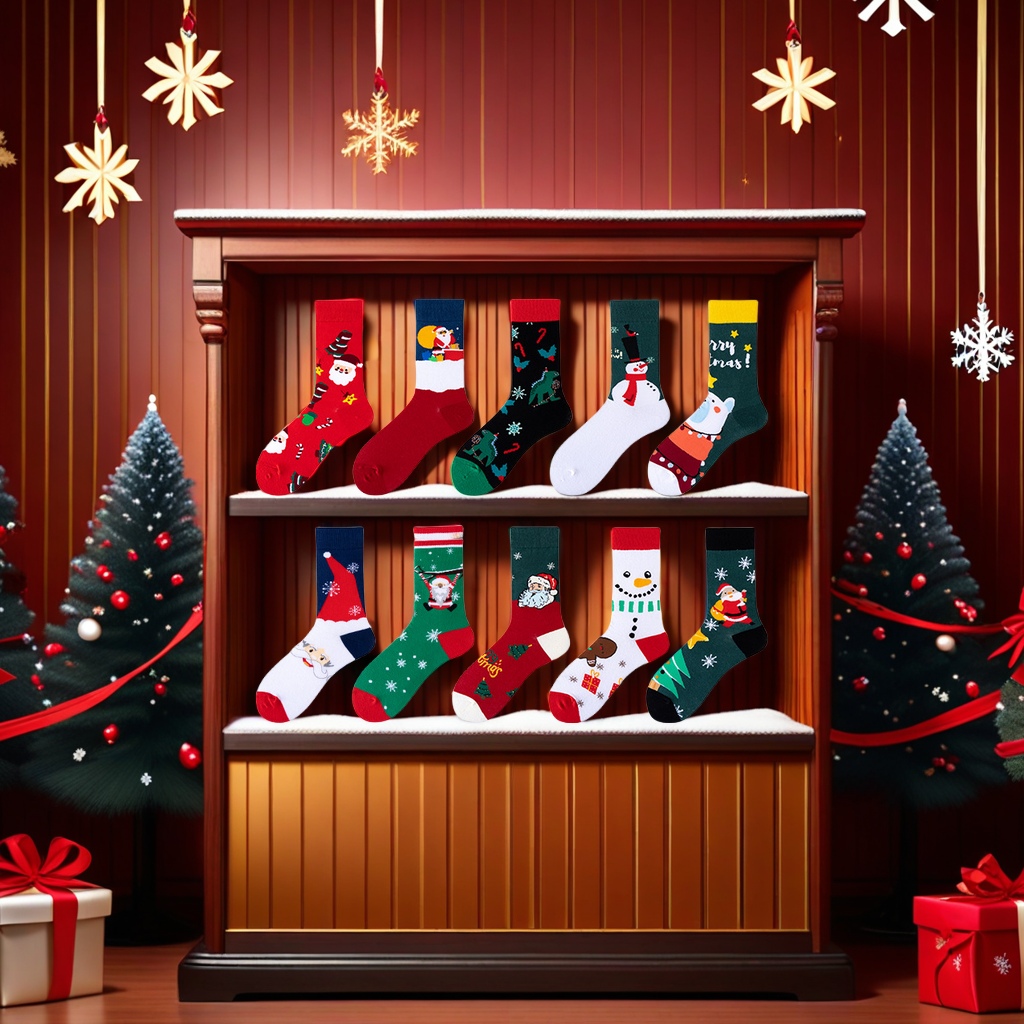 Santa Claus patterned mid-calf socks, Christmas socks for export, sporty and casual, pure cotton, comfortable, original, best-selling Amazon trendy socks in Europe and America Specification image
