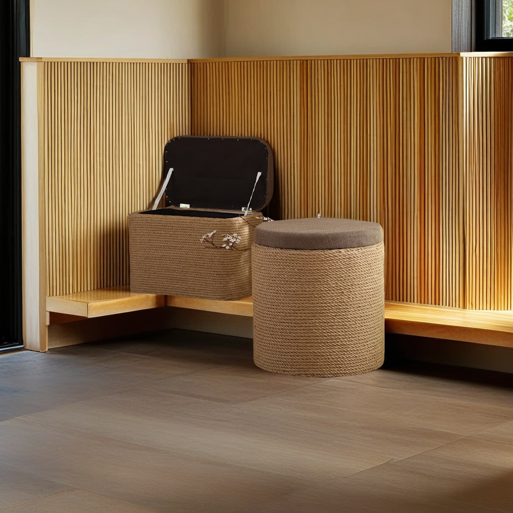 Solid wood hemp rope living room home shoe changing stool, storage stool, foot rest sofa, square stool, sitting box, organizing and storage box, simple and practical storage stool details Picture